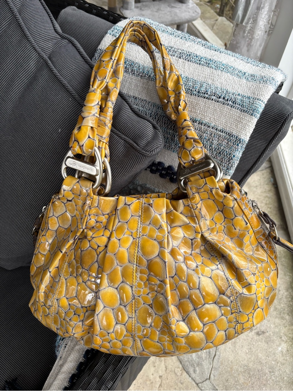 B.MAKOWSKY LARGE GENUINE LACQUERED LEATHER Yellow Croc-Embossed Shoulder Bag